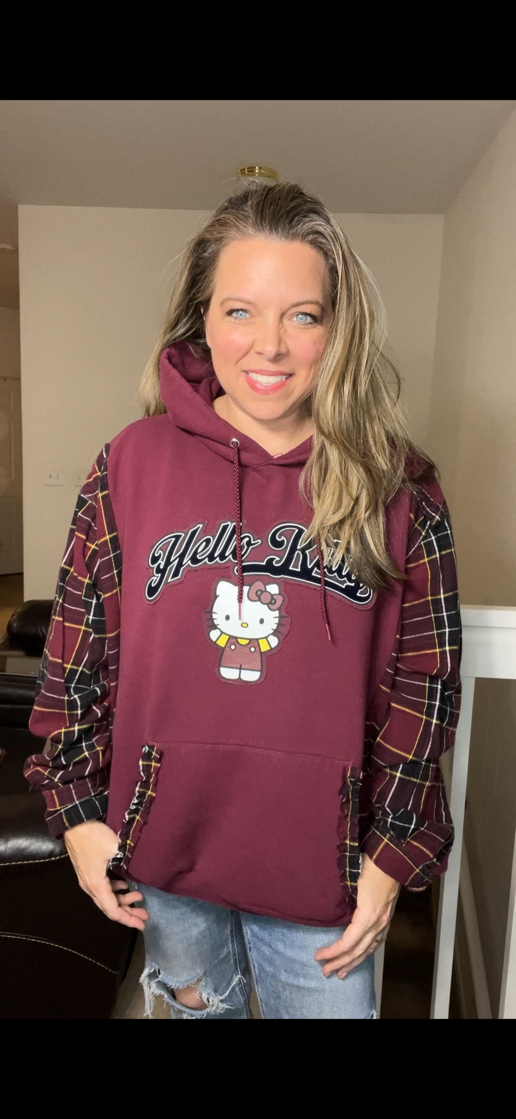 Upcycled Hello Kitty - women’s 2X midweight sweatshirt with flannel sleeves