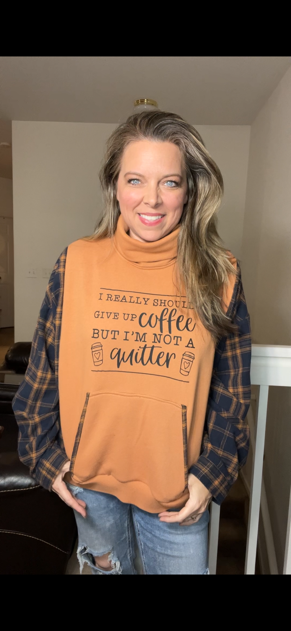Upcycled Coffee – women’s XL French terry sweatshirt with flannel sleeves