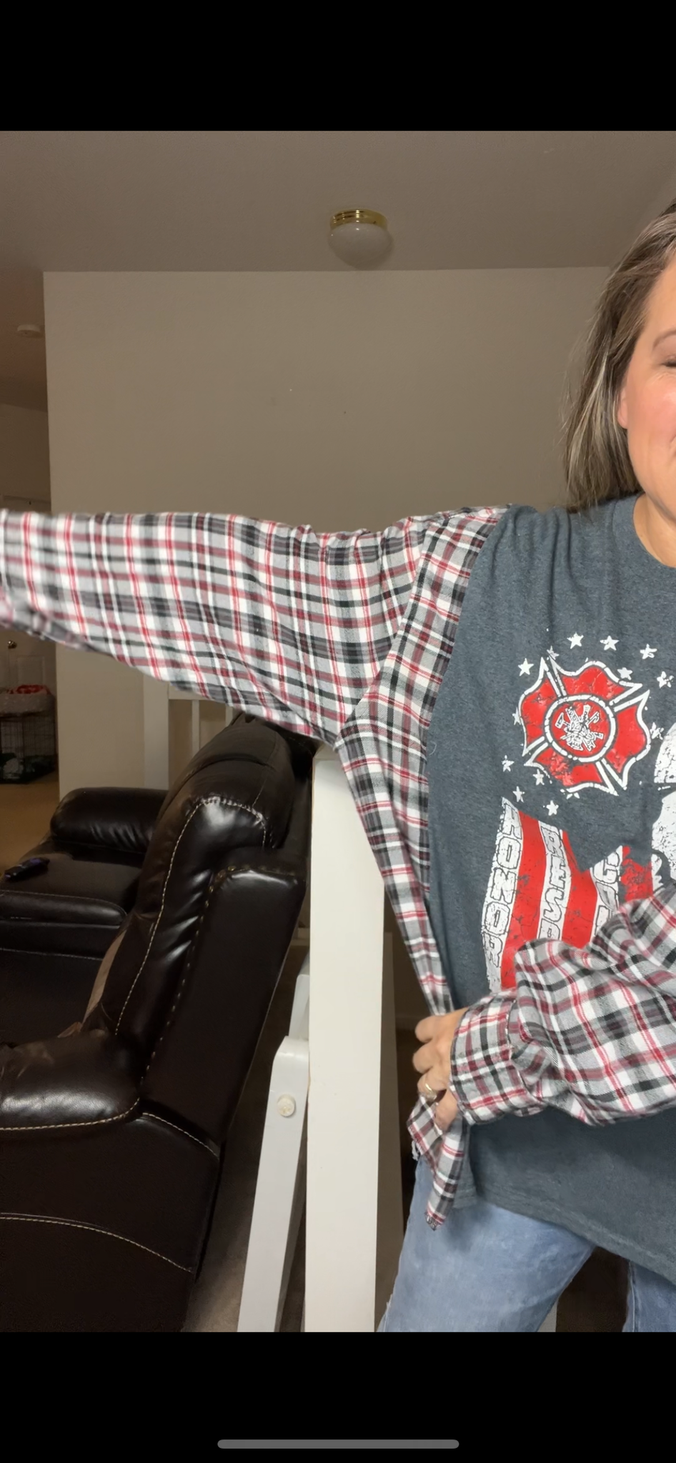 Upcycled Fire fighter – women’s 4X T-shirt with flannel sleeves