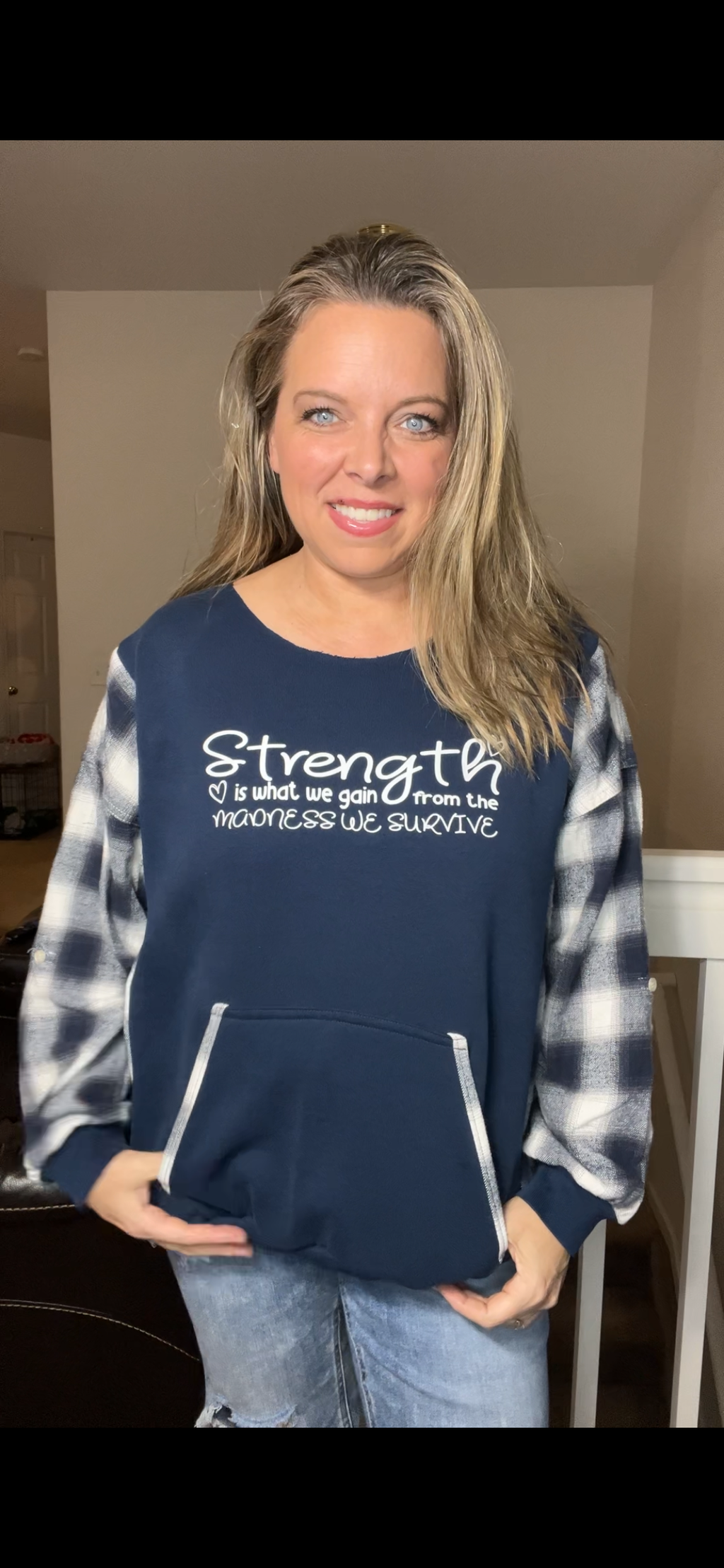 Upcycled Strength – women’s large/XL midweight sweatshirt with flannel sleeves