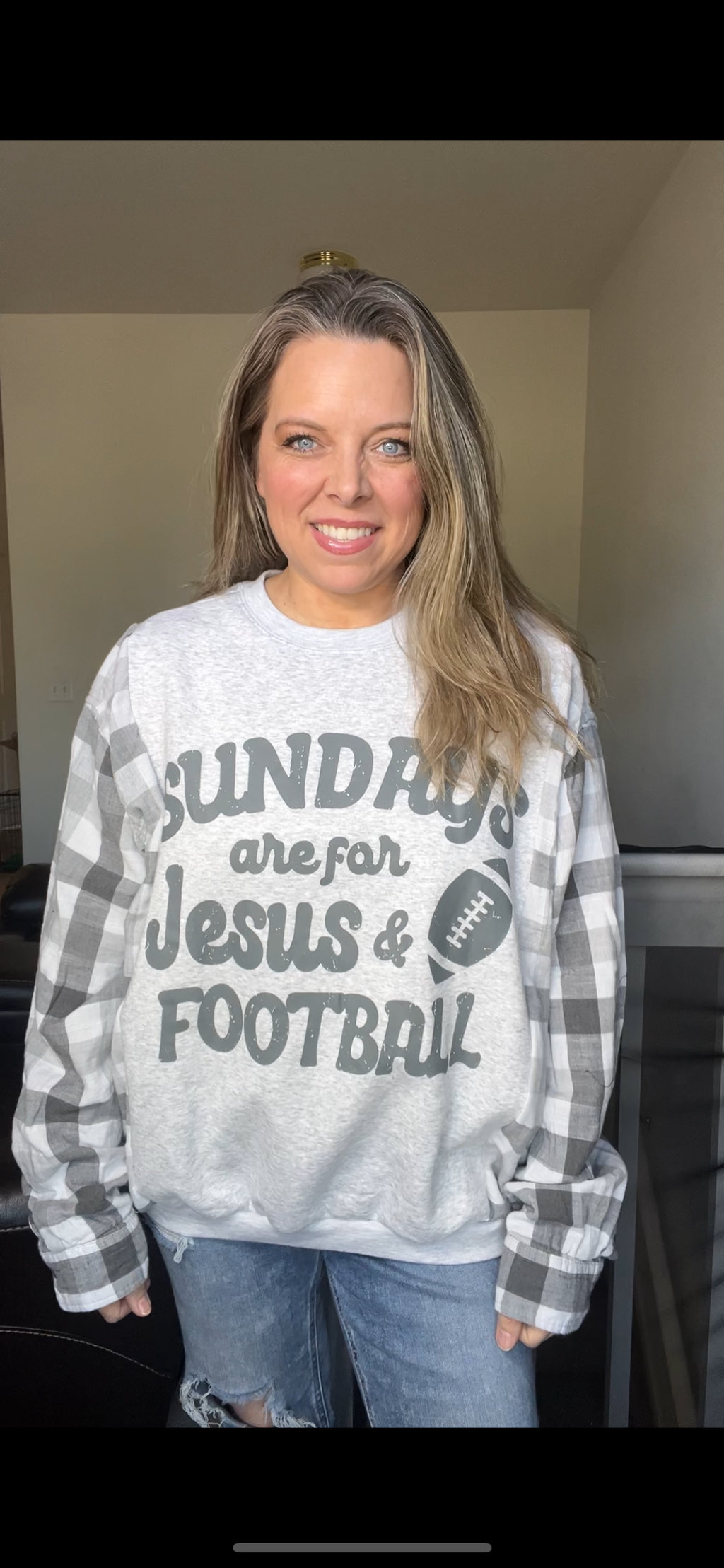 Upcycled Sunday football – women’s large/XL midweight sweatshirt with flannel sleeves￼