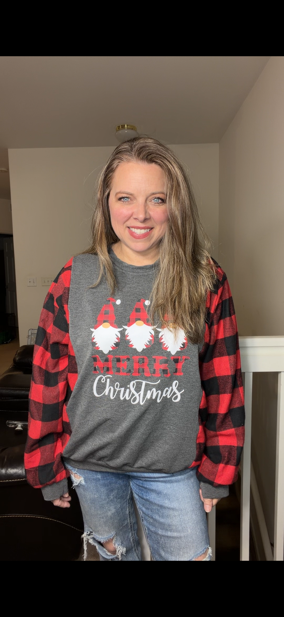 Upcycled Gnomes – women's medium French Terry shirt with flannel sleeves ￼