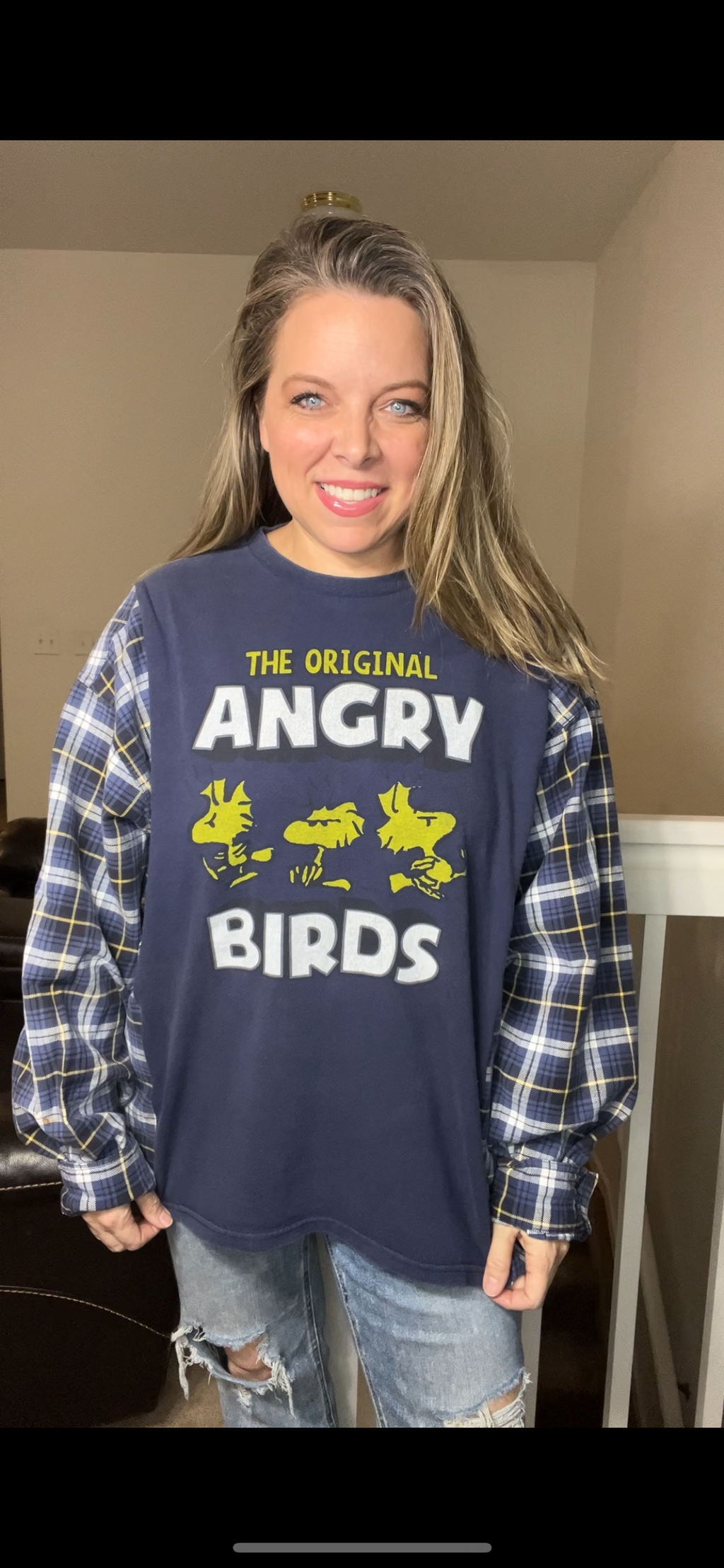 Upcycled Angry Birds – women’s 2X T-shirt with flannel sleeves