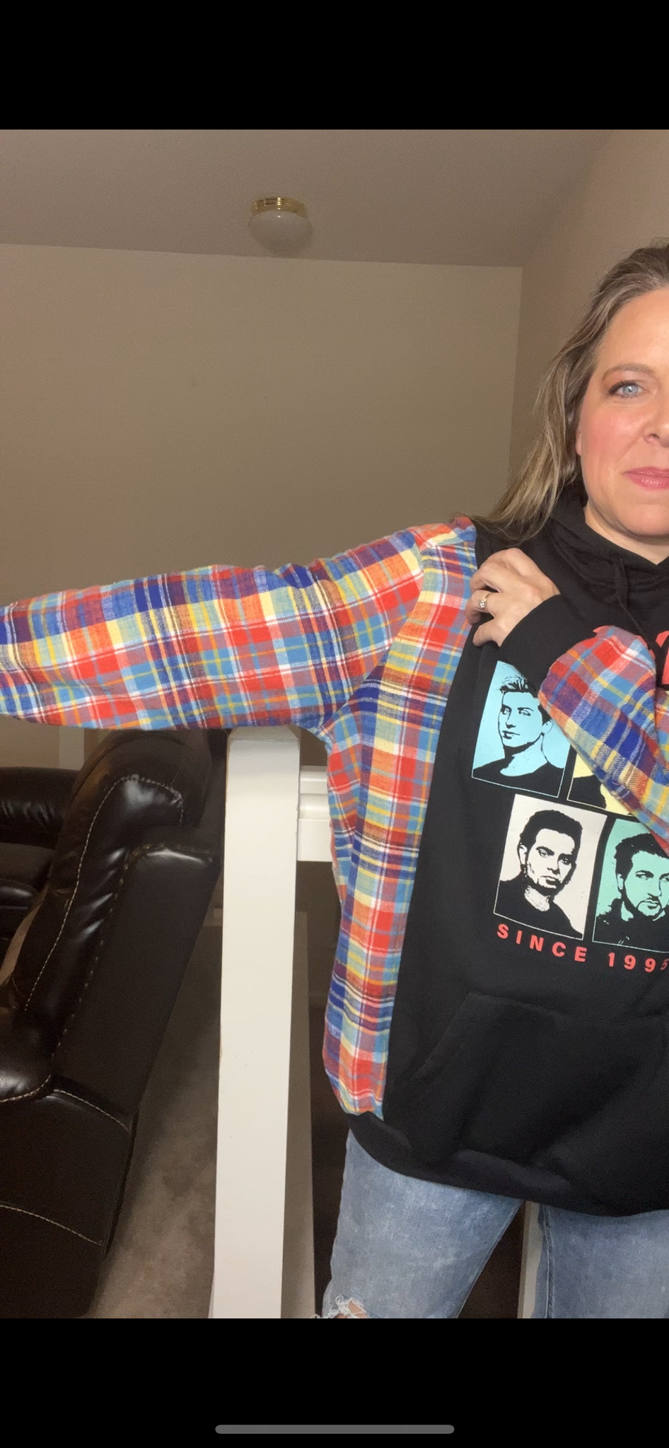 Upcycled NSYNC - women’s 1X/2X – midweight sweatshirt with flannel sleeves