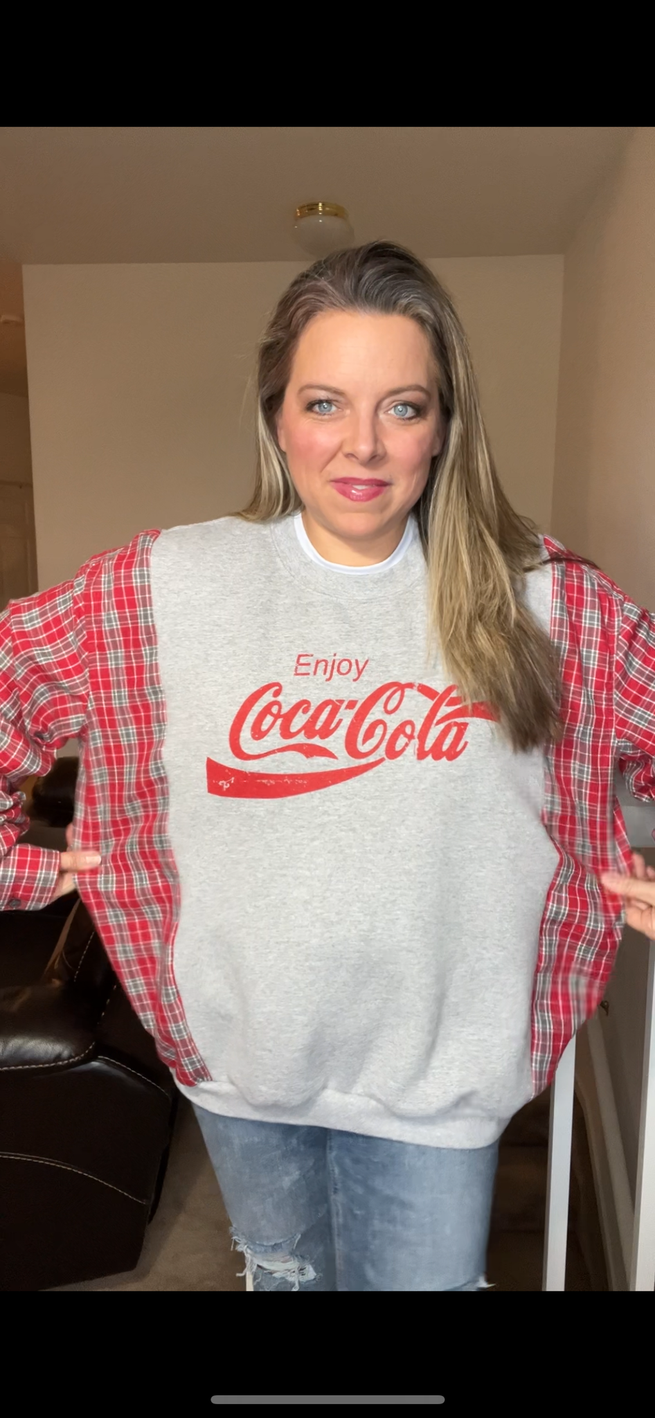 Upcycled Coca Cola - Women’s 1X – midweight sweatshirt with flannel sleeves￼