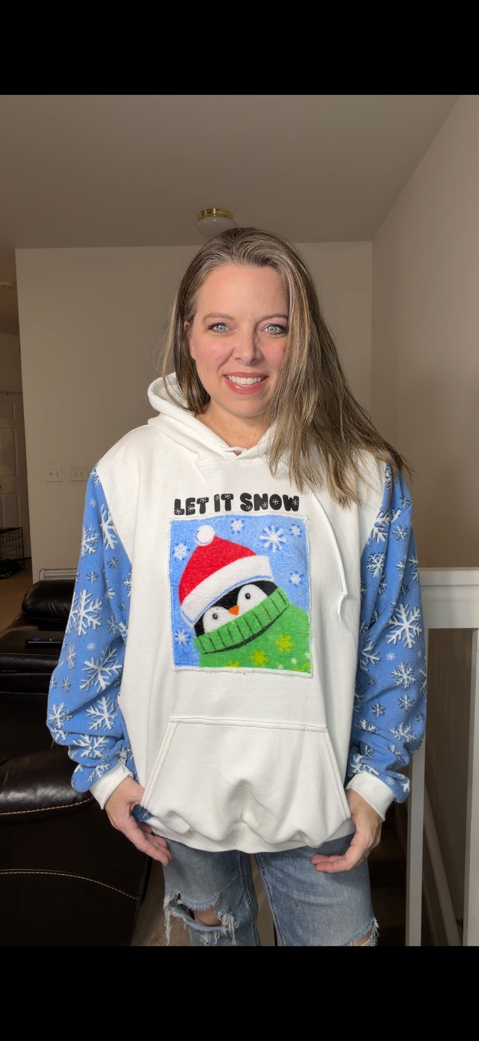 Upcycled penguin snow – women's 2X/3X midweight sweatshirt with stretch fleece sleeves