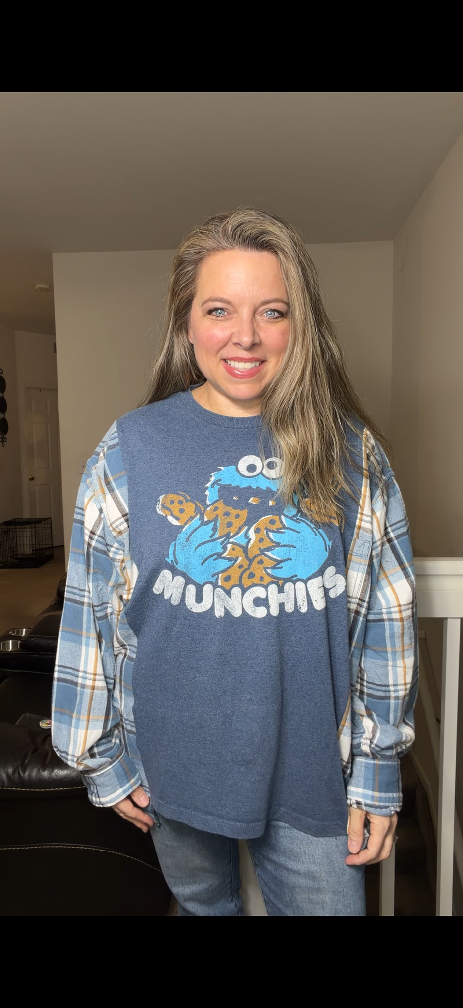 Upcycled Cookie - women's 1X T-shirt with flannel sleeves