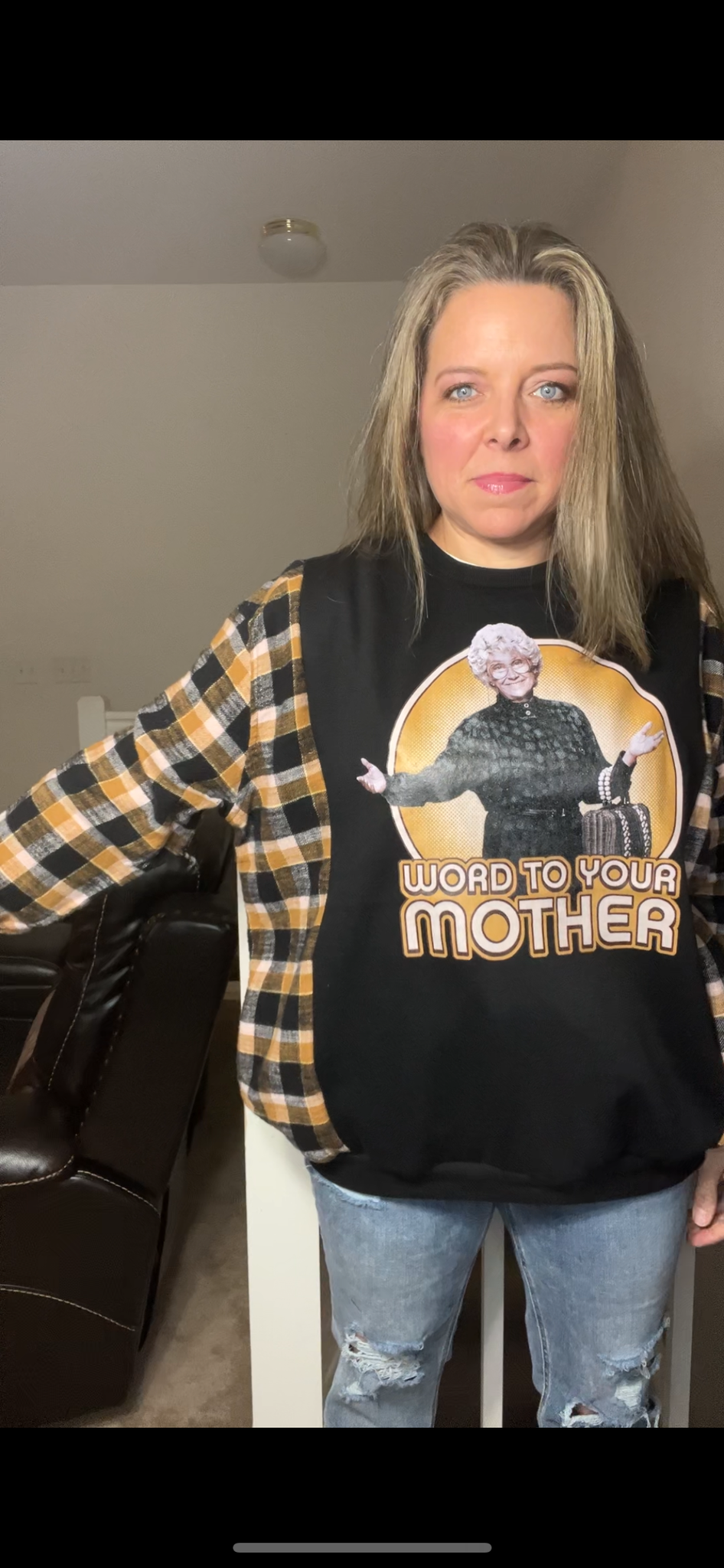 Upcycled Golden Girls – women’s L/XL – thin sweatshirt with flannel sleeves ￼