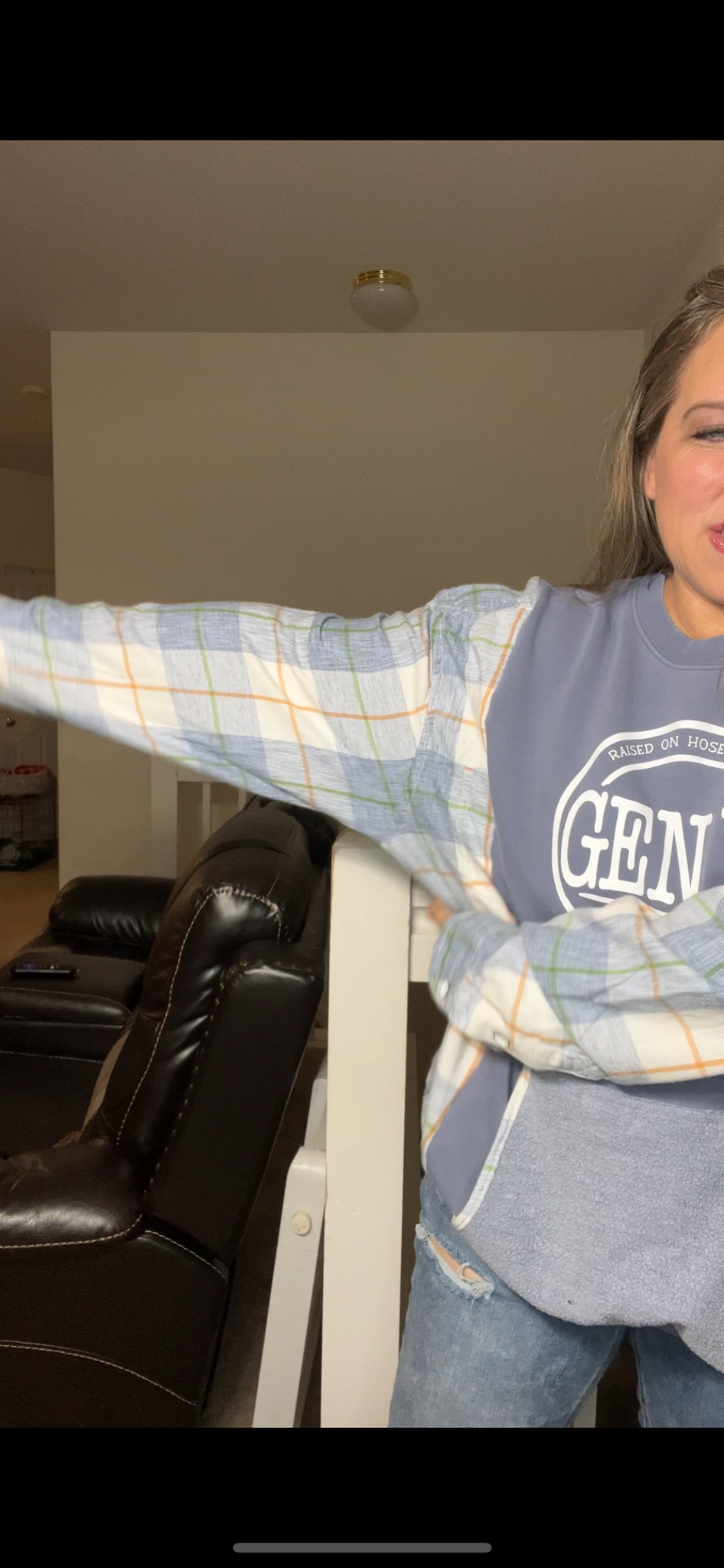 Upcycled Gen X blue – women’s 2X/3X midweight sweatshirts with flannel sleeves