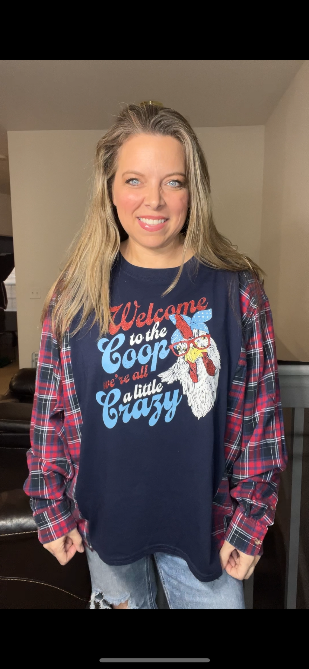 Upcycled Chicken – women’s 2X T-shirt with flannel sleeves
