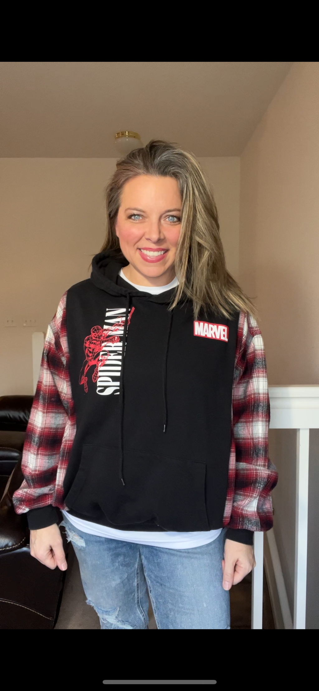 Upcycled Spiderman – women’s S/M – midweight sweatshirt with flannel sleeves ￼