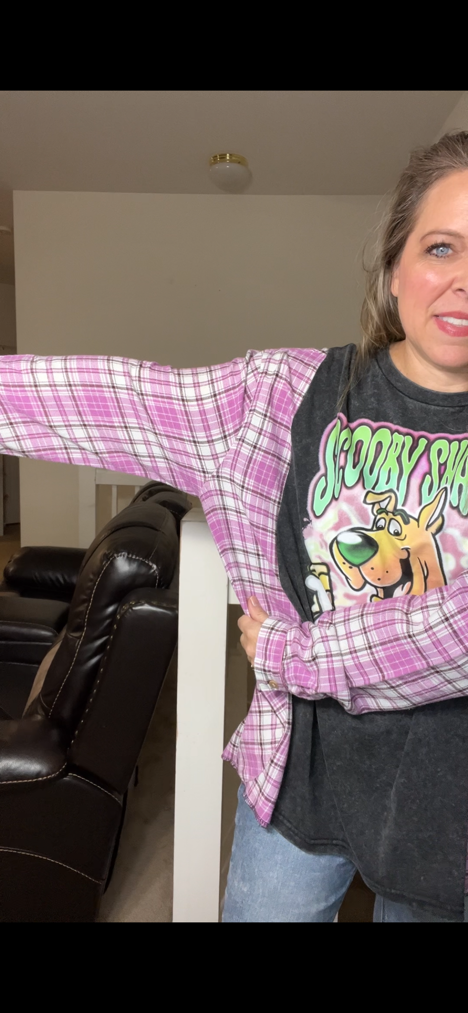 Upcycled Scooby snacks – women’s 3X T-shirt with flannel sleeves