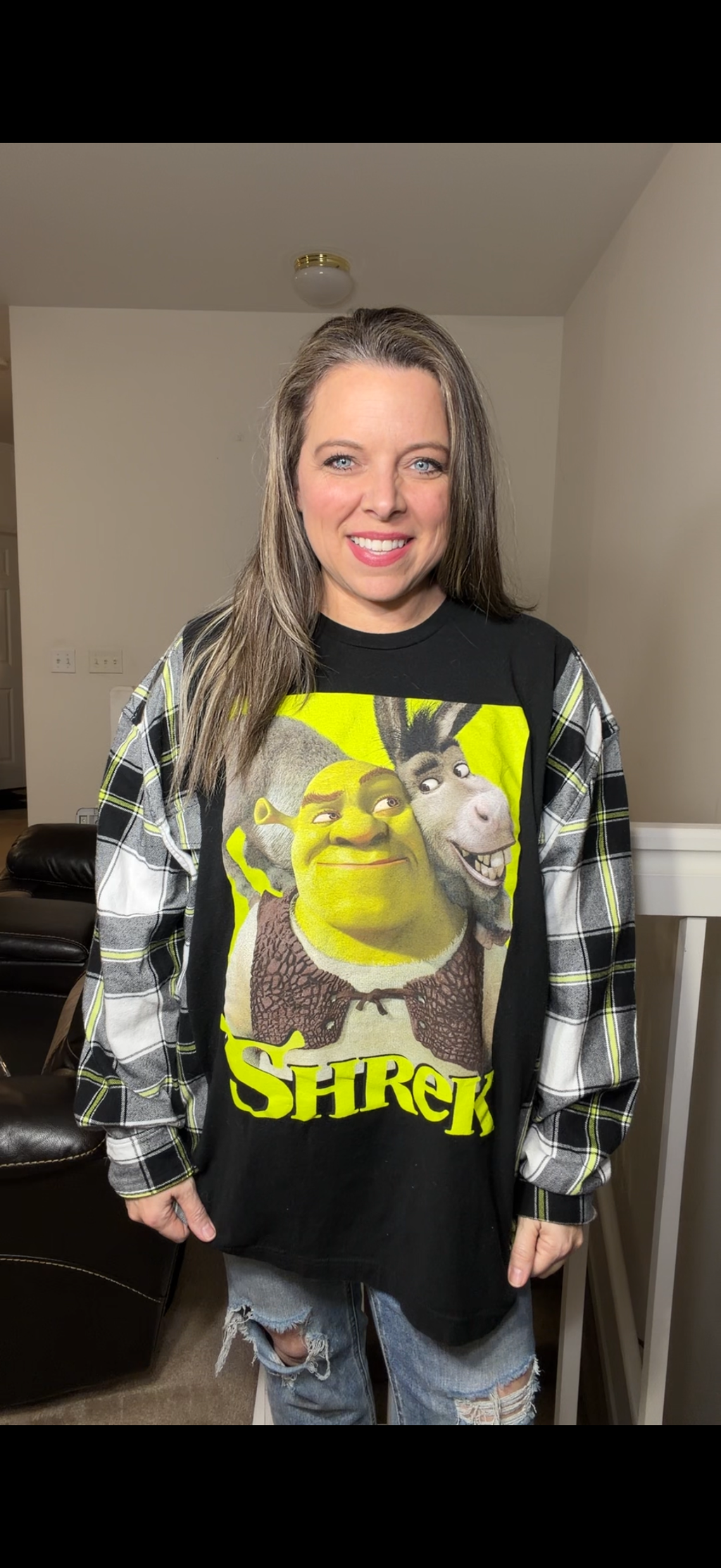 Upcycled Shrek - women's 3X T-shirt with flannel sleeves - sleeves slightly more narrow ￼