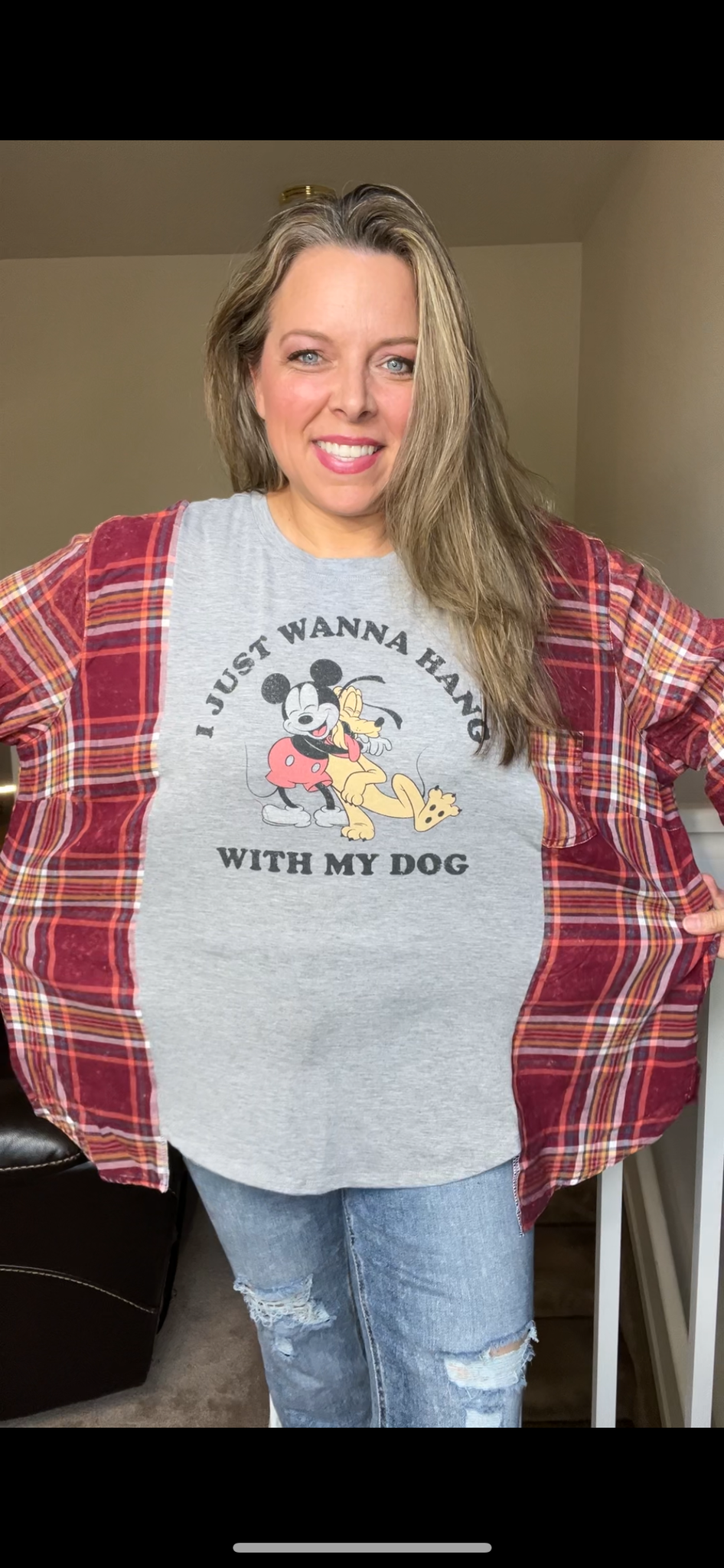 Upcycled Mickey Dog – women’s XL/1X T-shirt with thin flannel sleeves￼