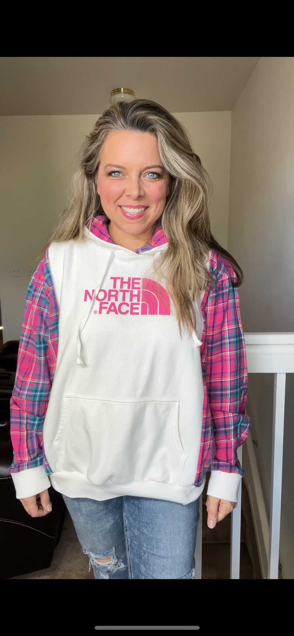 Upcycled Pink Northface – women’s XL - Midweight Sweatshirt with flannel sleeves￼