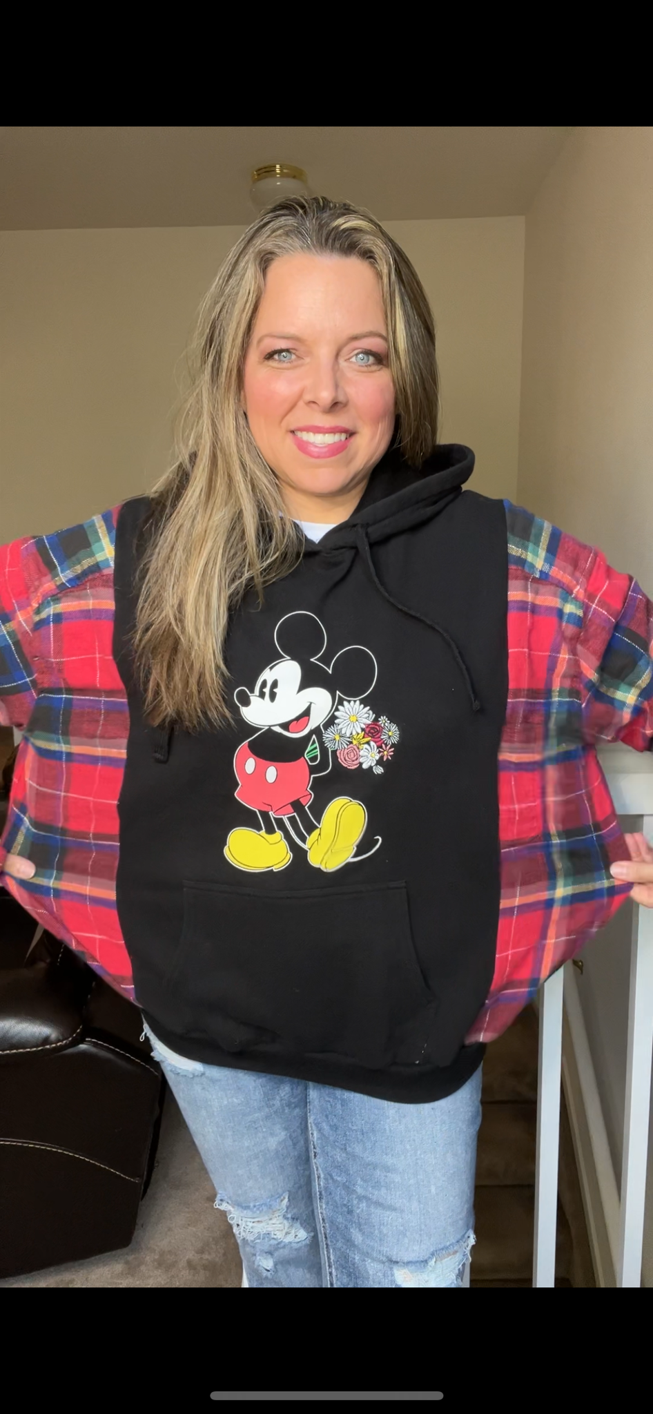 Upcycled Mickey Flowers – women’s L/XL midweight sweatshirt with flannel sleeves￼