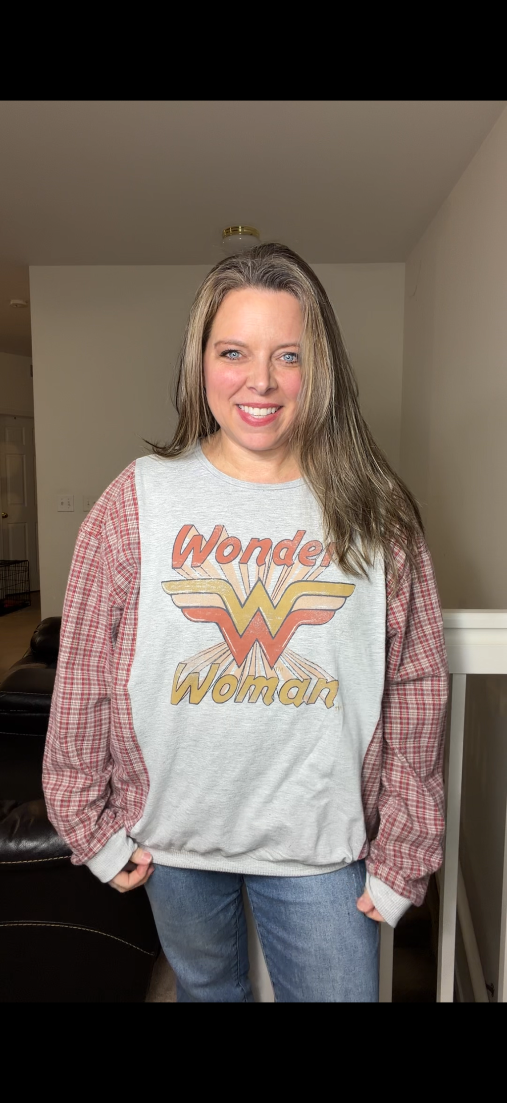 Upcycled Wonder Woman - women's large T-shirt with flannel sleeves