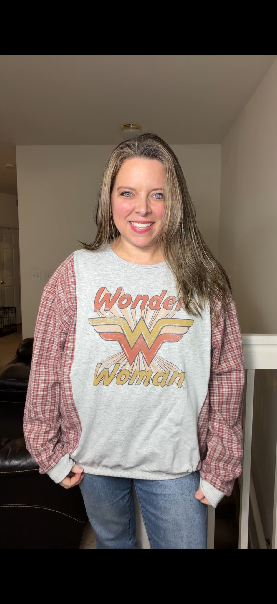Upcycled Wonder Woman - women's large T-shirt with flannel sleeves