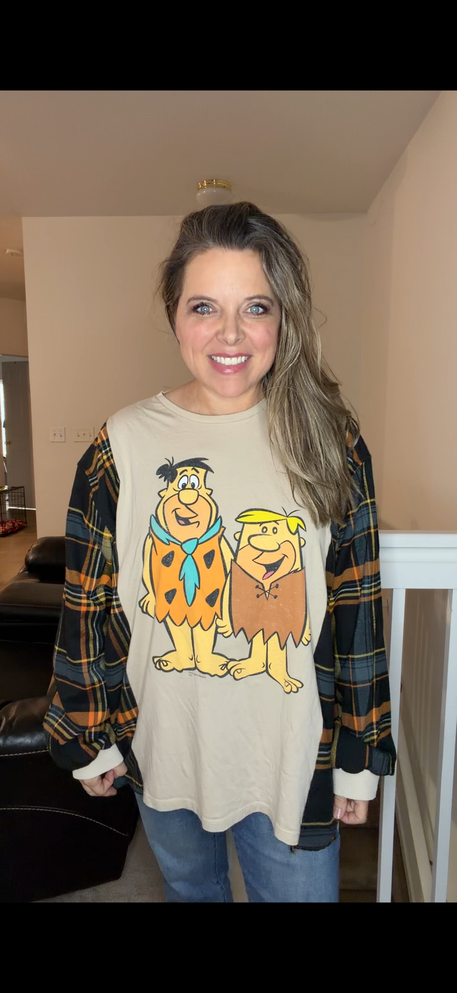 Upcycled Flinstones - women's 1X T-shirt with flannel sleeves
