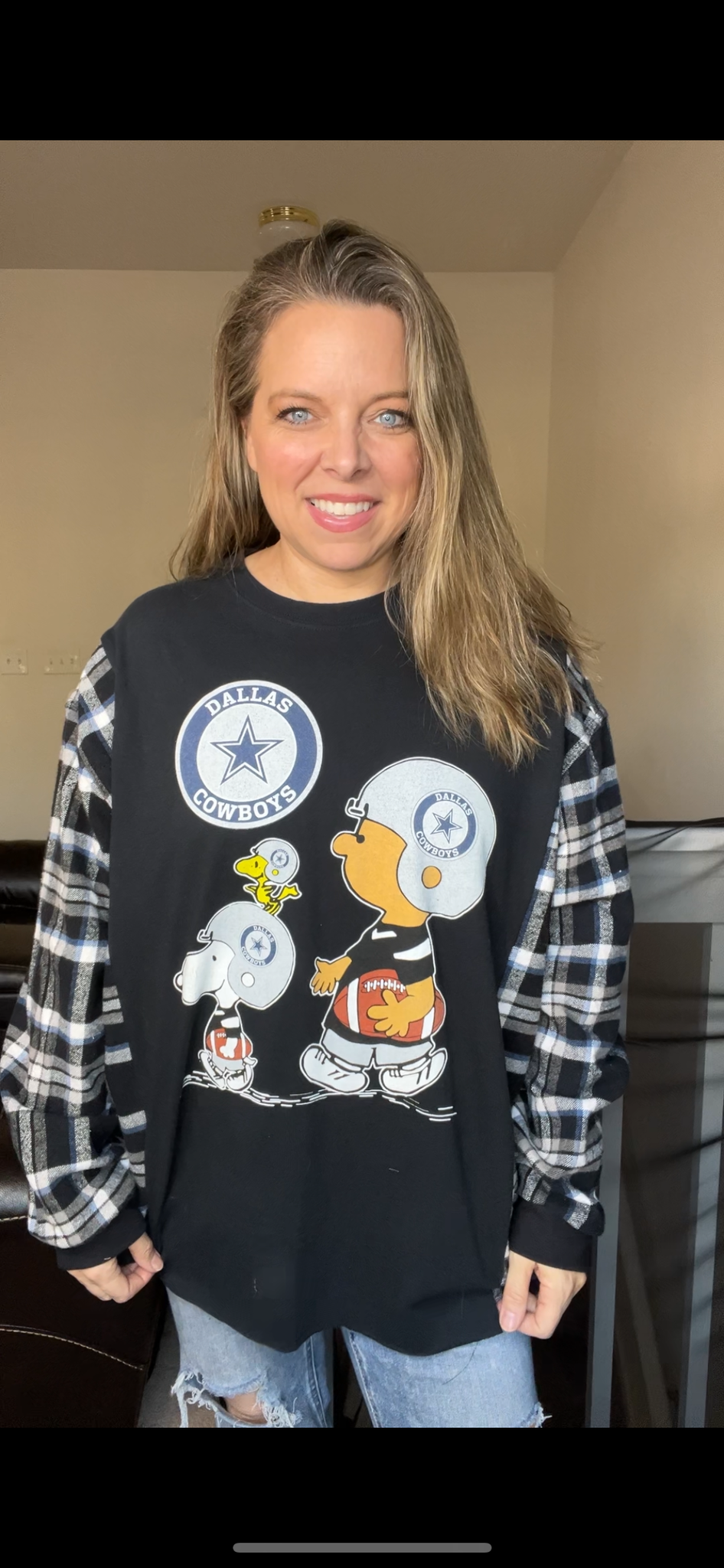 Upcycled Cowboys – women’s 2X/3X T-shirt, with thick flannel sleeves