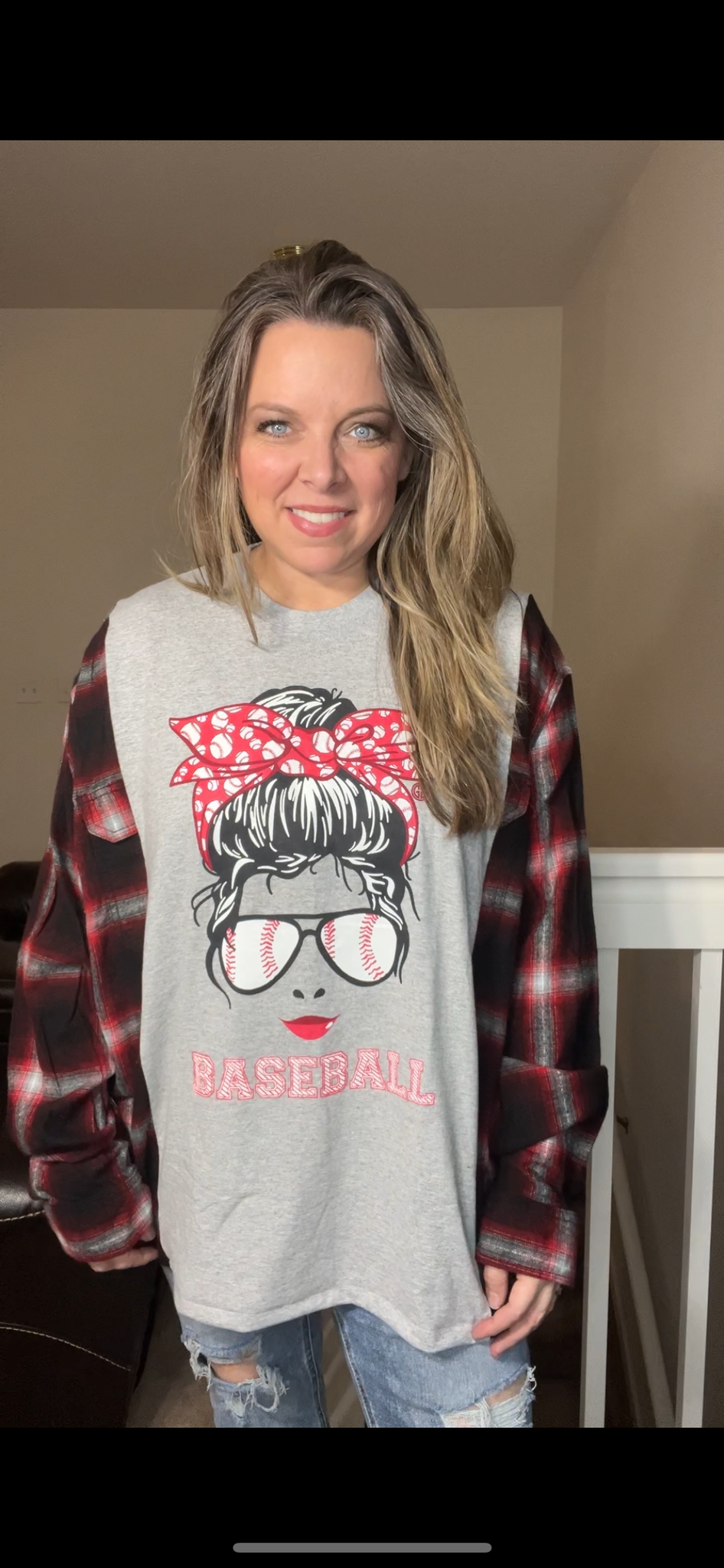 Upcycled Baseball – women’s 3X – T-shirt with flannel sleeves