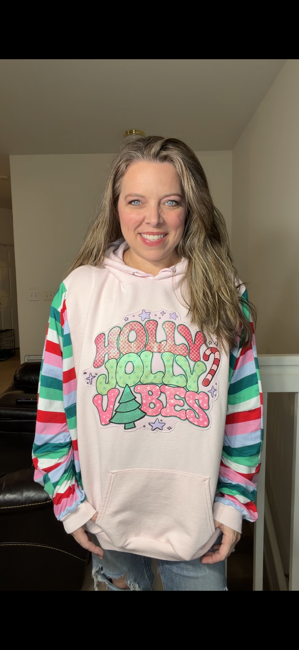 Upcycled Holly Jolly – women's 5X midweight sweatshirt with stretch sleeves ￼