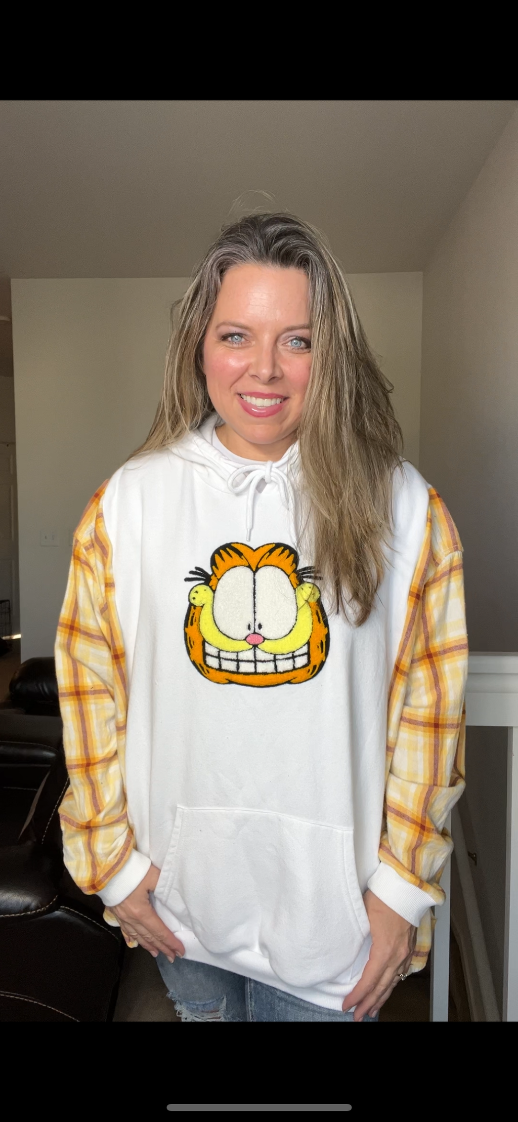 Upcycled Garfield – women’s 2X/3X – midweight sweatshirt with flannel sleeves