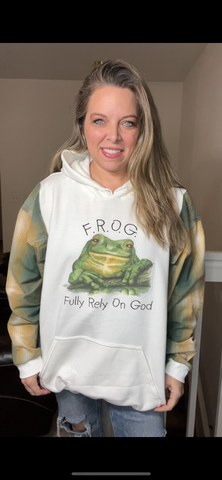Upcycled Frog – women’s 3X/4X midweight sweatshirt with flannel sleeves
