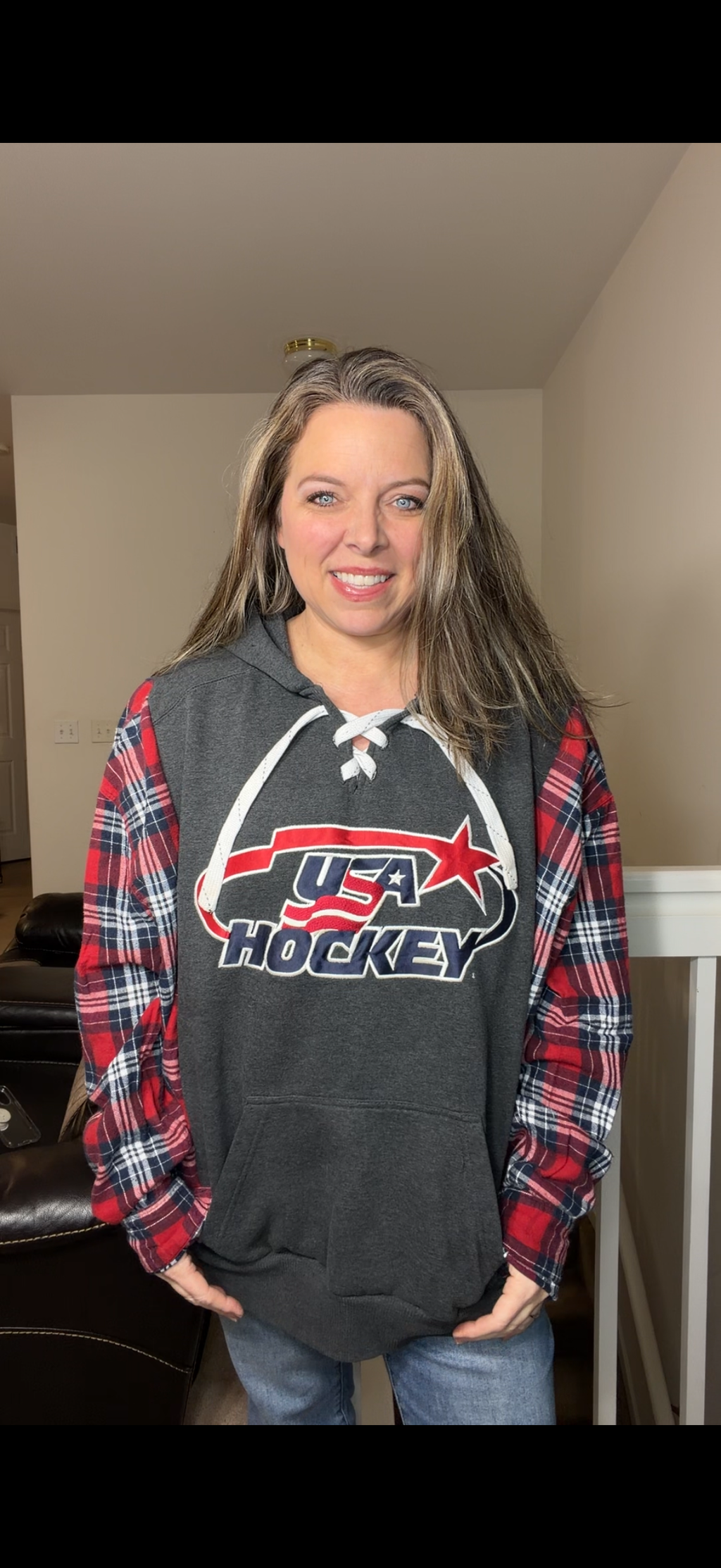 Upcycled USA Hockey - women's 2X midweight sweatshirt with flannel sleeves