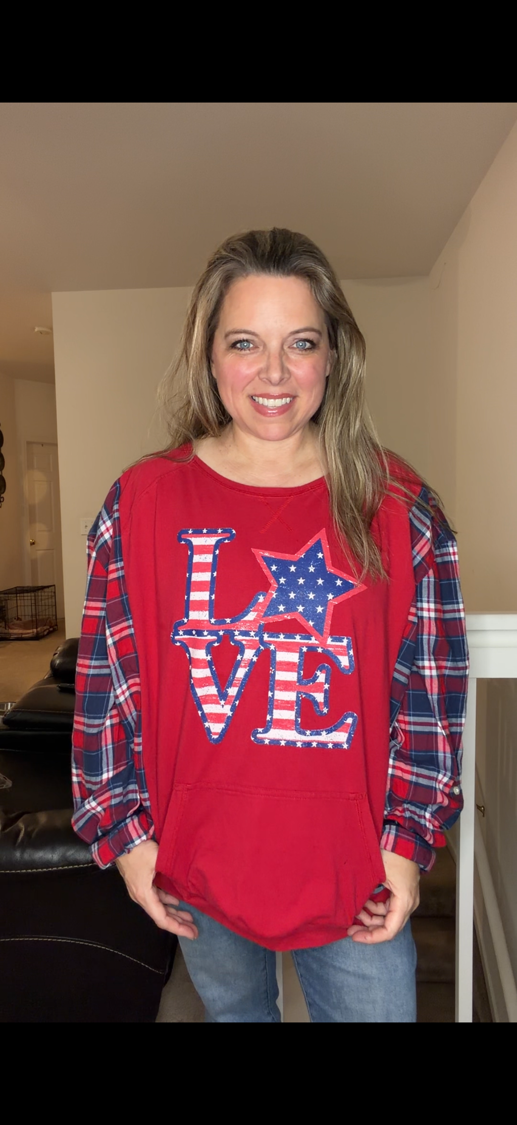 Upcycled LOVE USA - women's 1X T-shirt with thin flannel sleeves