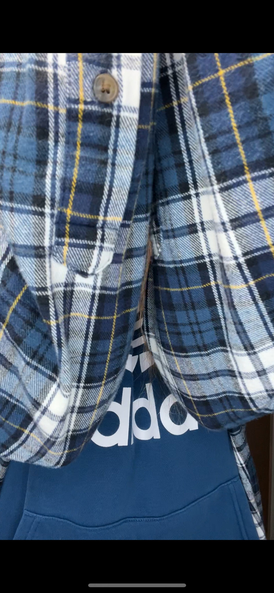 Upcycled Blue Adidas – women’s L/XL – midweight sweatshirt with flannel sleeves ￼