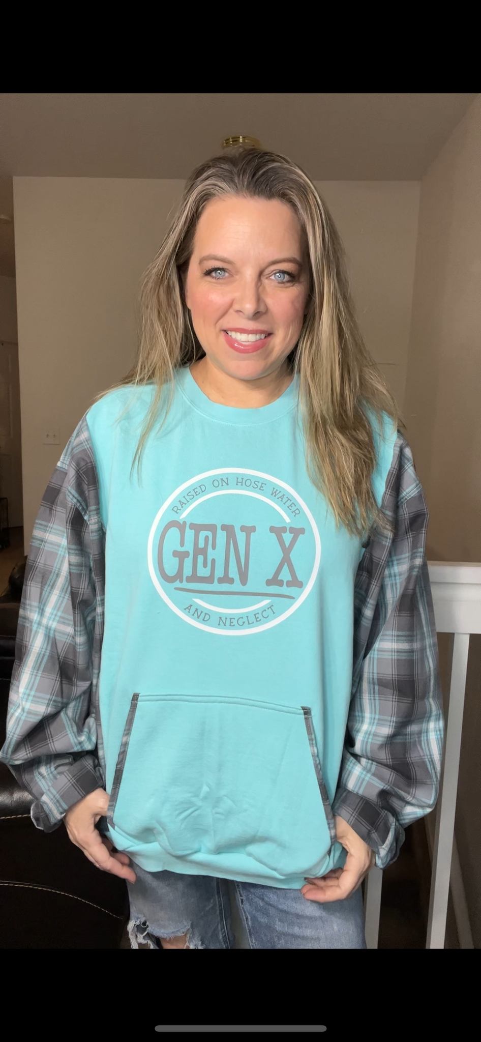 Upcycled Gen X – women’s 2X/3X midweight sweatshirt with flannel sleeves