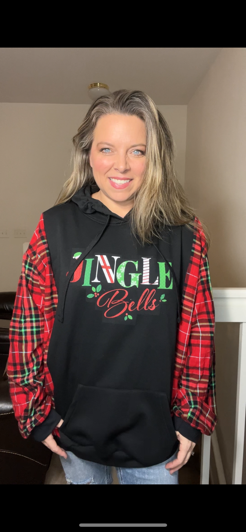 Upcycled Jingle bells – women’s 3X – midweight sweatshirt with flannel sleeves