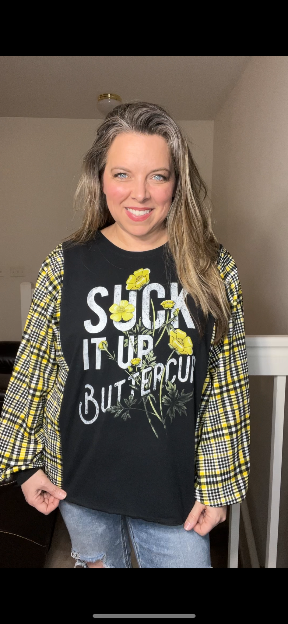 Upcycled Butter cup – women’s medium/large T-shirt with stretchy sleeves