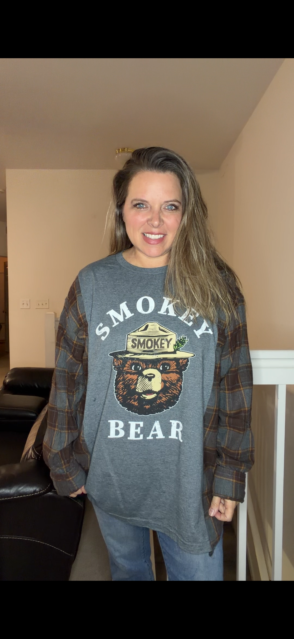 Upcycled Smokey - women's 2X long T-shirt with flannel sleeves