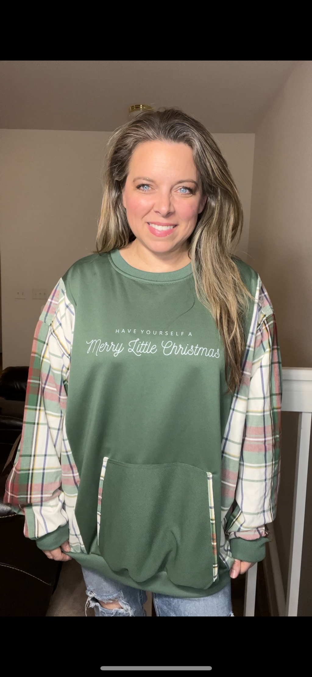 Upcycled Little Christmas – women’s 3X/4X – thin French terry sweatshirt with flannel sleeves