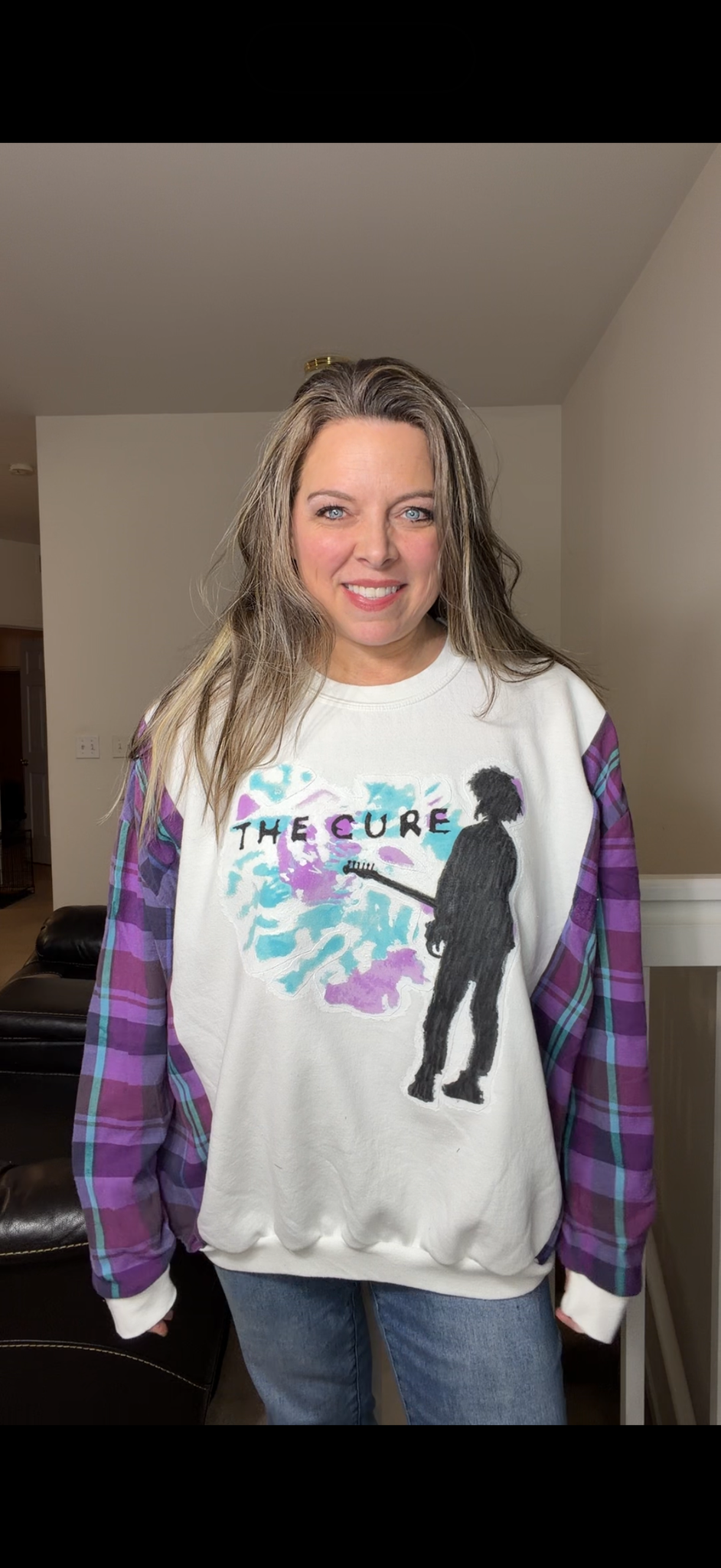 Upcycled The Cure - women's 2X midweight sweatshirt with thin flannel sleeves