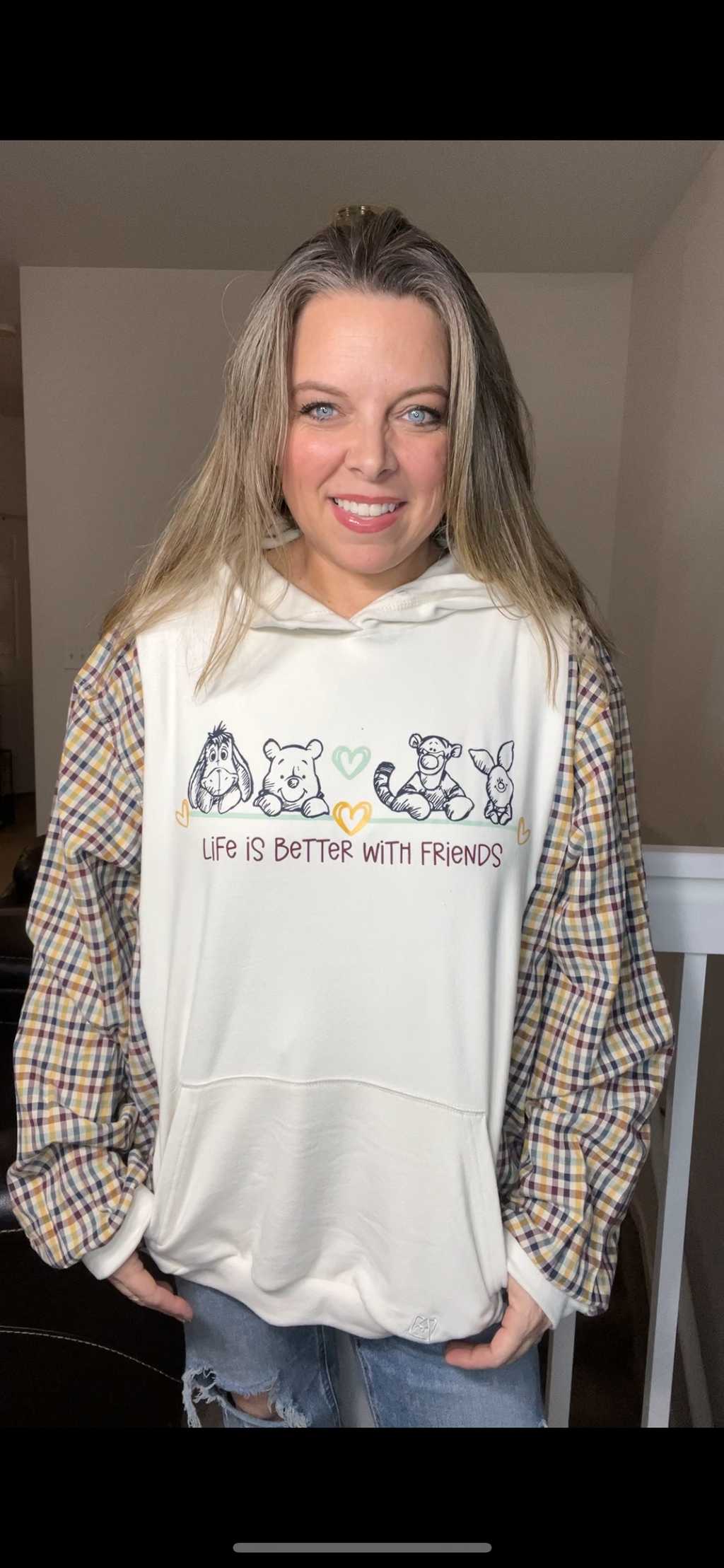 Upcycled Pooh and friends – women’s 3X fuzzy sweatshirt with flannel sleeves