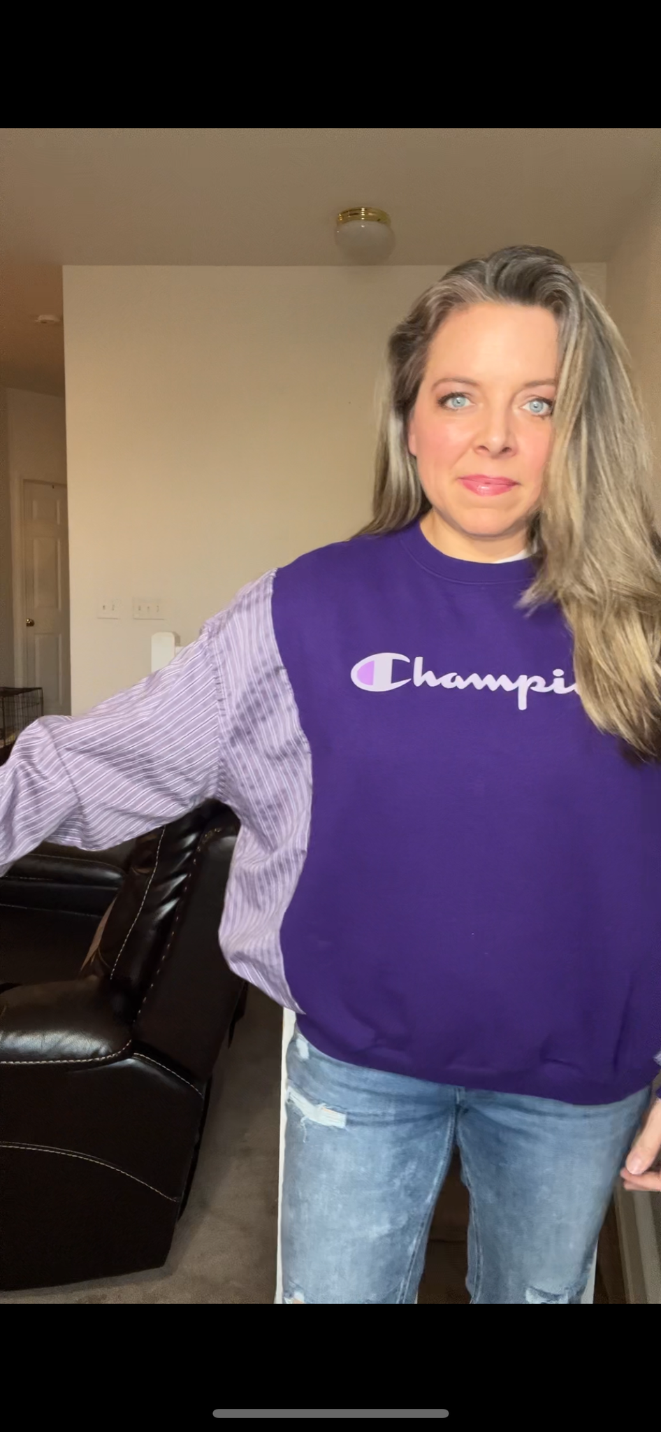 Upcycled Champion Purple – women’s medium – midweight sweatshirt with soft cotton sleeves