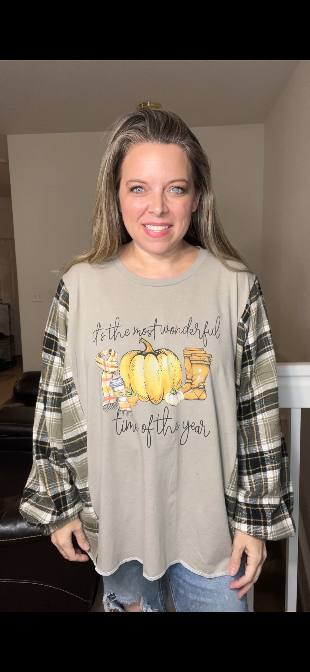 Upcycled Time of year – women’s 4X T-shirt with flannel sleeves