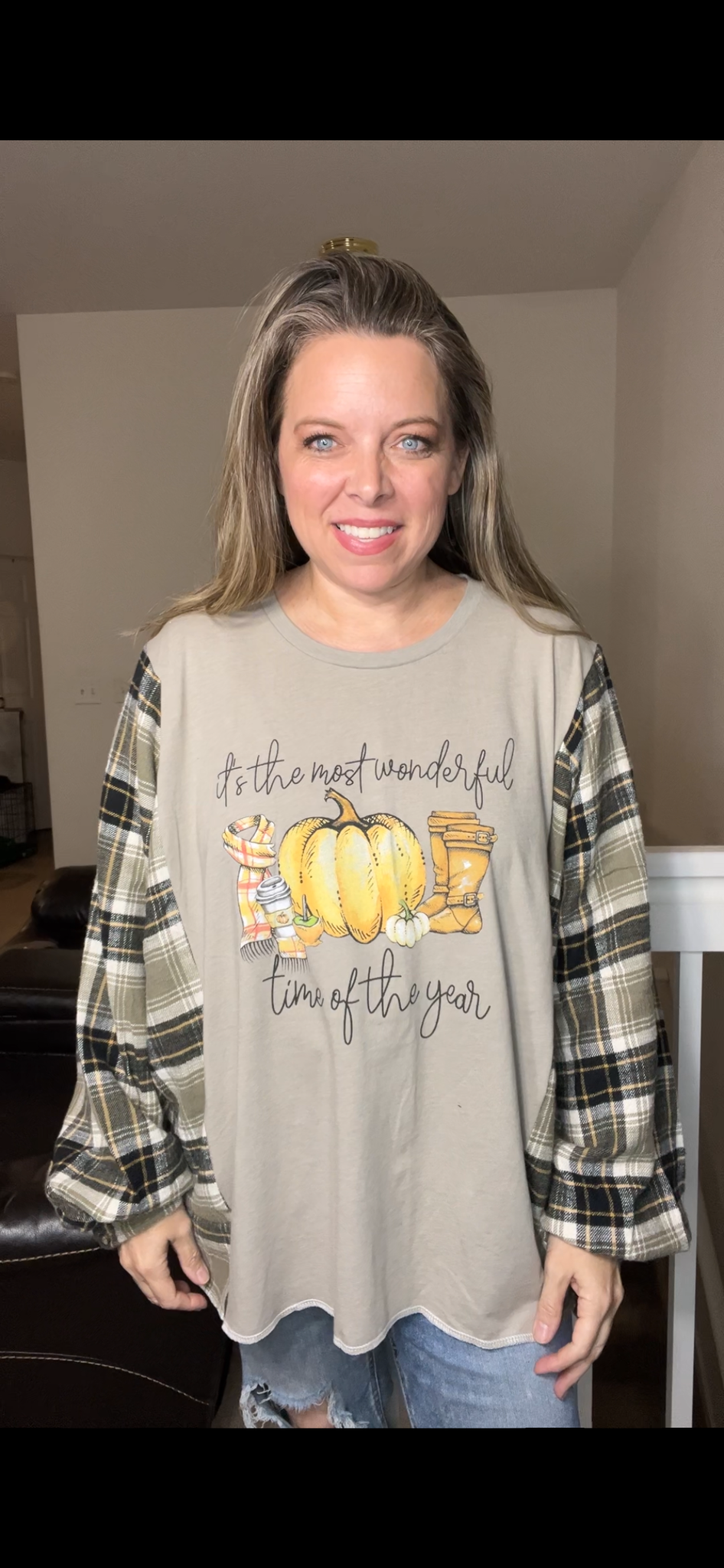 Upcycled Time of year – women’s 4X T-shirt with flannel sleeves
