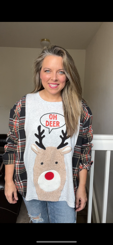 Upcycled Oh Deer – woman’s XL – T-shirt with flannel sleeps￼