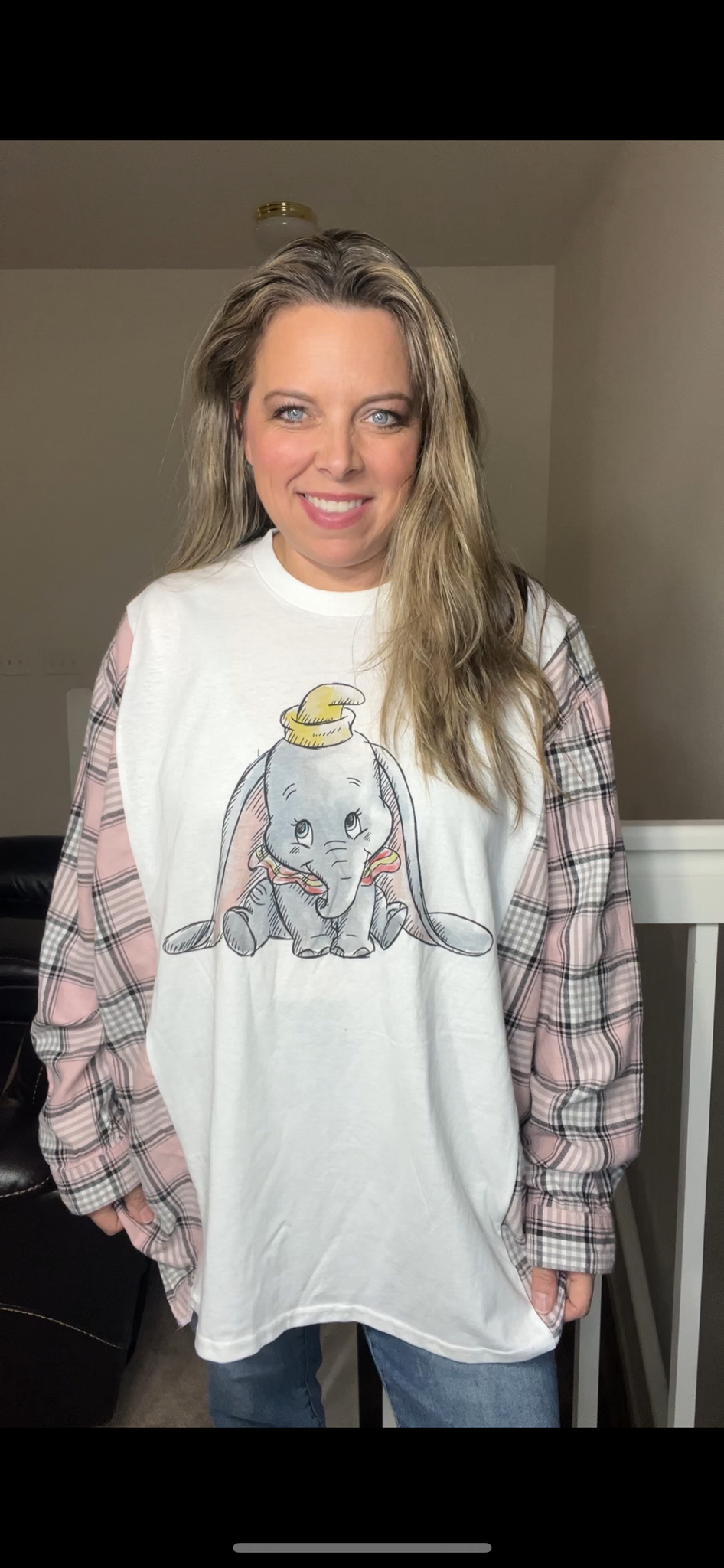 Upcycled Dumbo – women’s 5X T-shirt with flannel sleeves