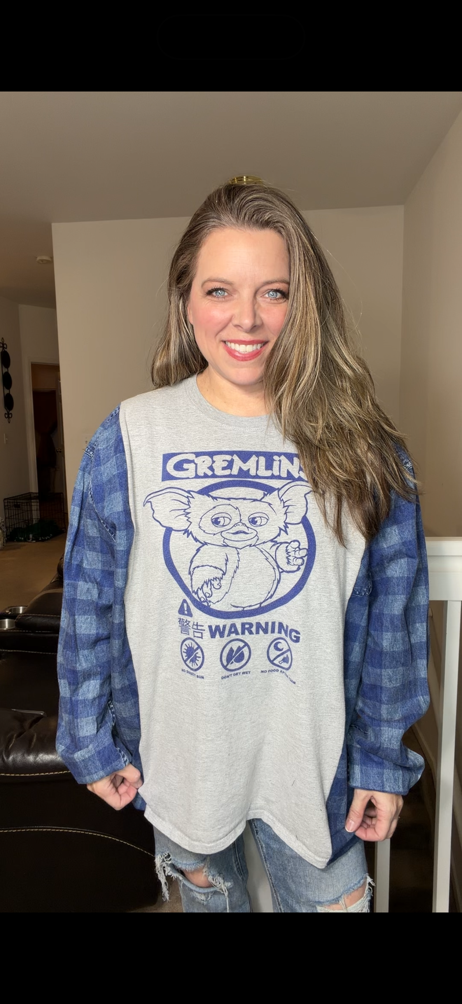 Upcycled Gremlins – women's 2X T-shirt with flannel sleeves