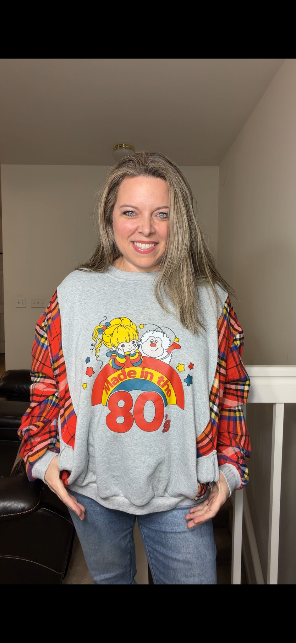 Upcycled 80's - women's 2X midweight sweatshirt with flannel sleeves