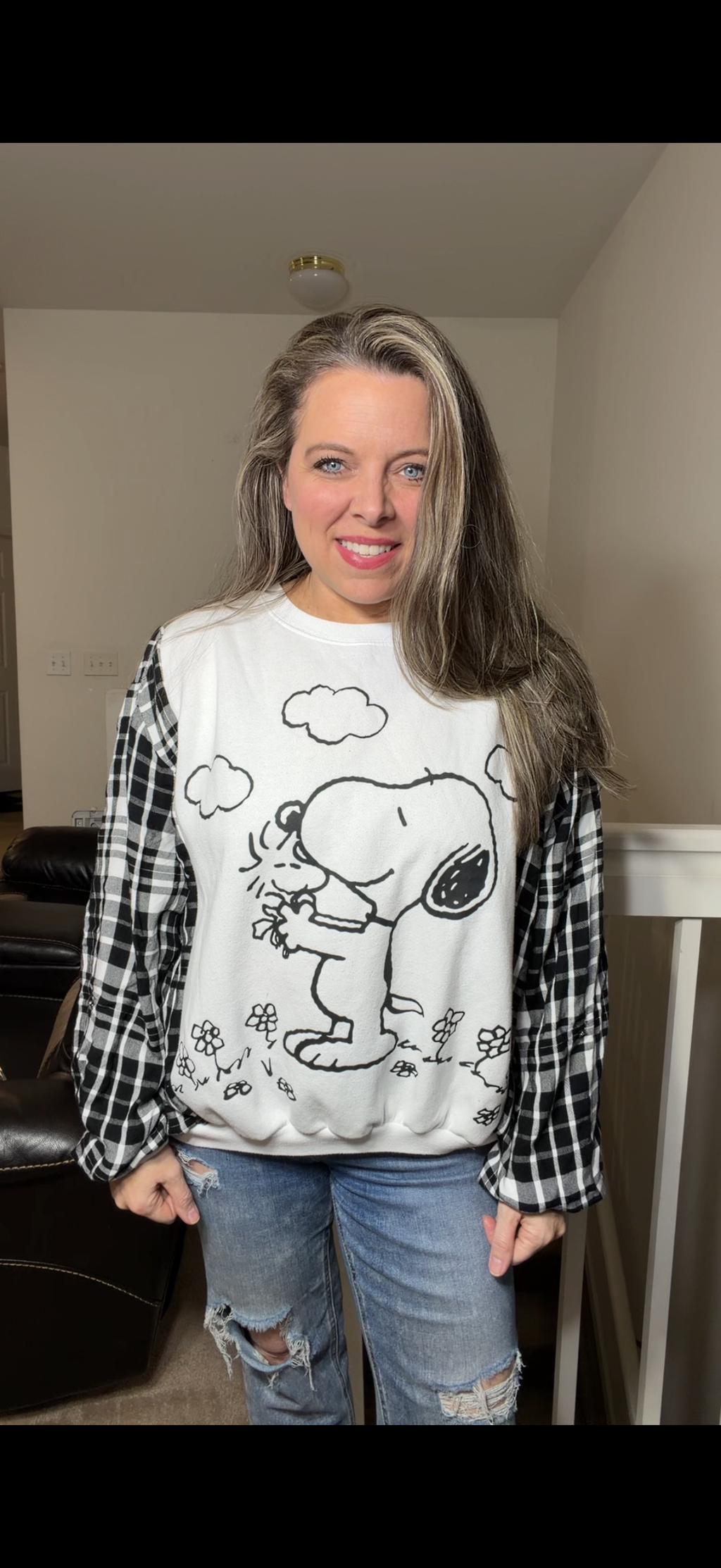 Upcycled Snoopy B&W - women's large midweight sweatshirt with thin flannel sleeves