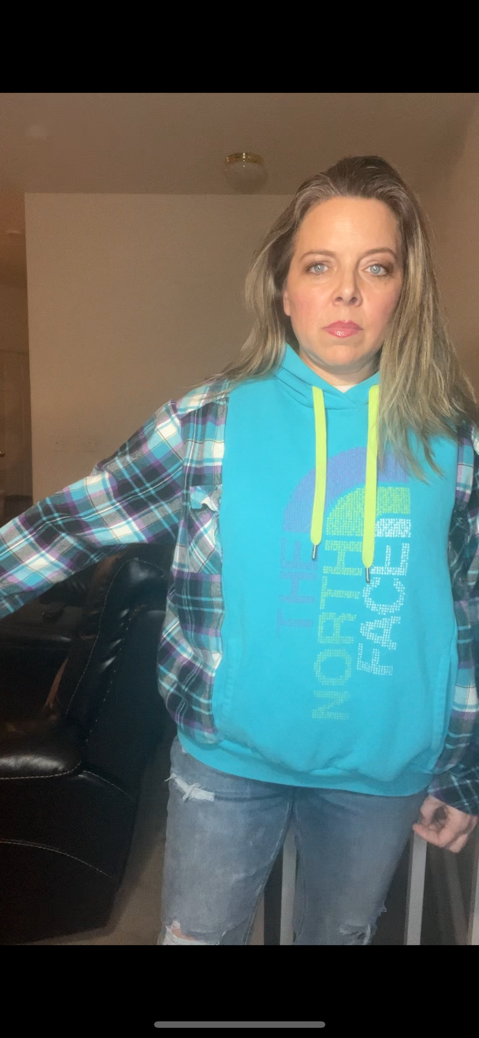 Upcycled Aqua Northface – women’s medium – midweight sweatshirt with flannel sleeves￼