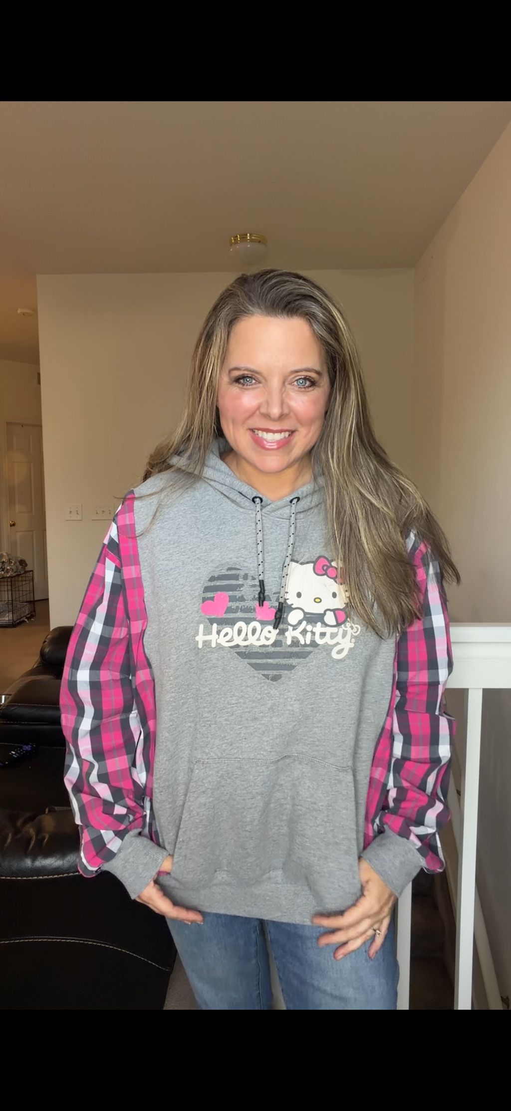 Upcycled Hello Kitty - women's XL/1X midweight Sweatshirt with cotton sleeves