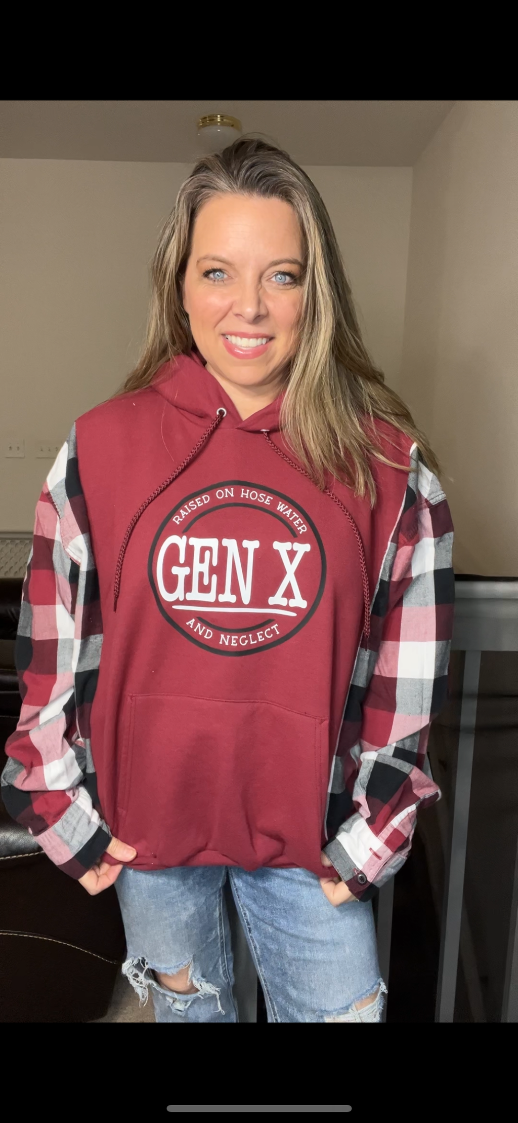Upcycled Gen X – women’s 1X/2X midweight sweatshirt with flannel sleeves