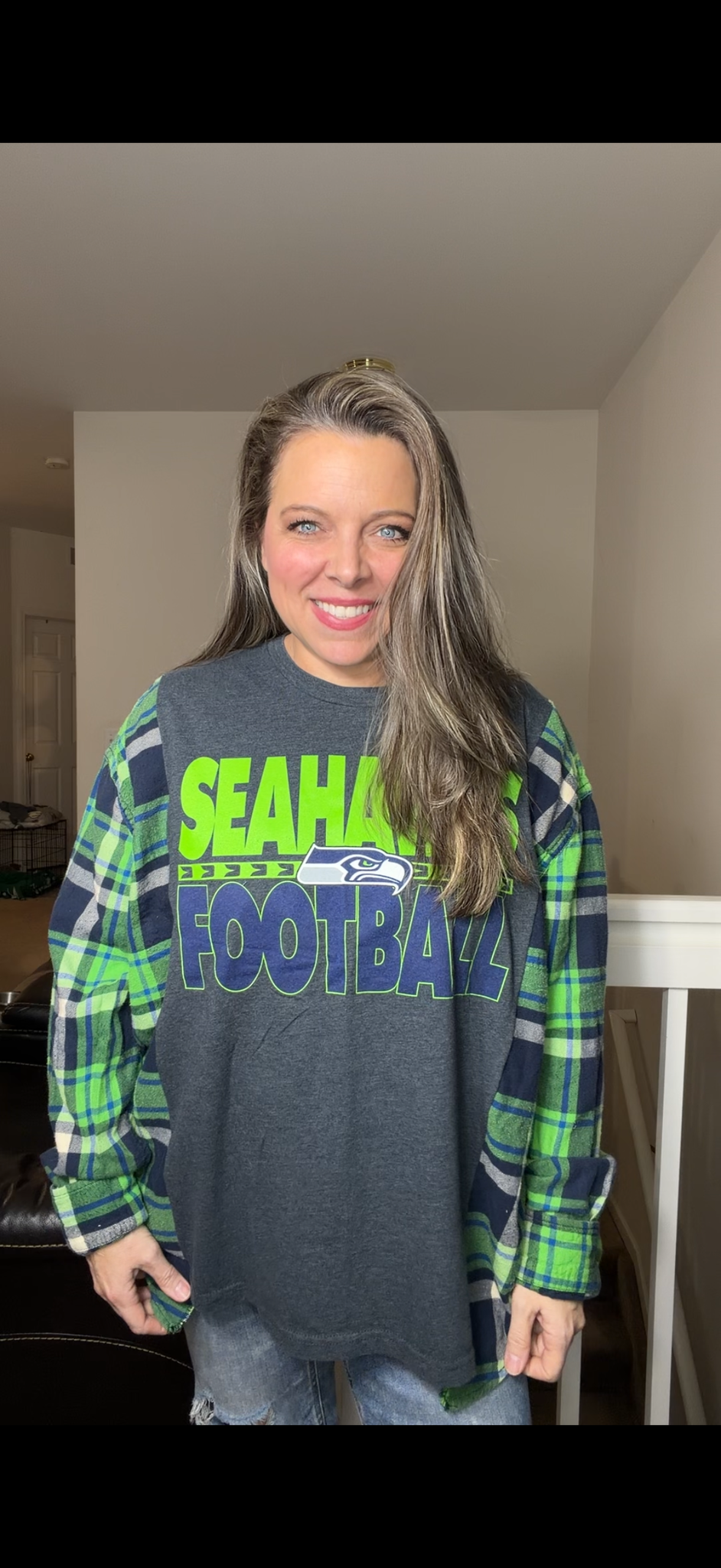 Upcycled Seahawks – women's 1X/2X T-shirt with flannel sleeves